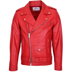 Mens Leather Biker Jacket Brando Style Ruby red