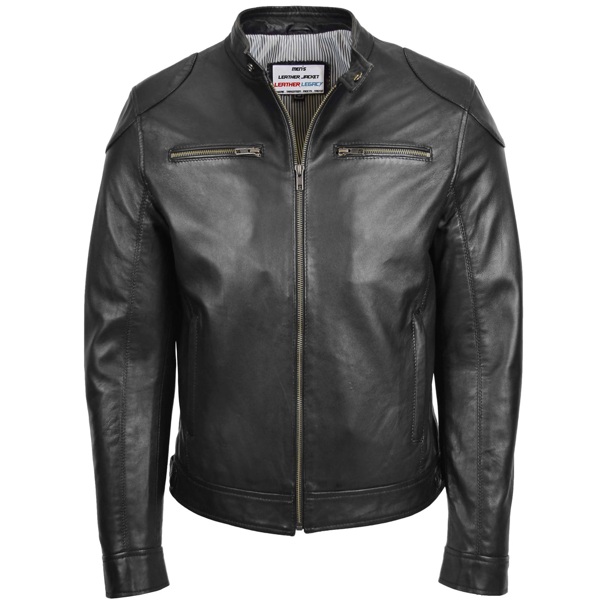 Mens Biker Soft Casual Leather Jacket Onyx black