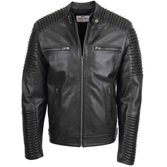 Mens Casual Soft Leather Biker Jacket Onyx black