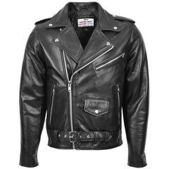 Mens Heavy Duty Leather Biker Brando Jacket Onyx Black