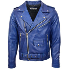 Mens Heavy Duty Leather Biker Brando Jacket Sapphire Blue