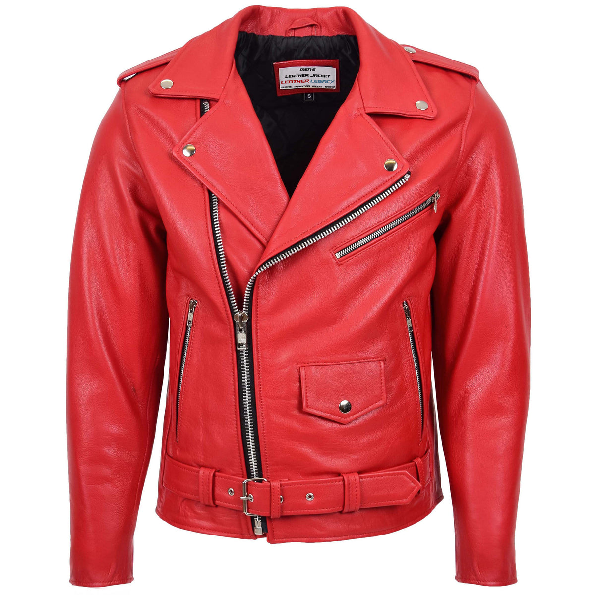 Mens Heavy Duty Leather Biker Brando Jacket Ruby red