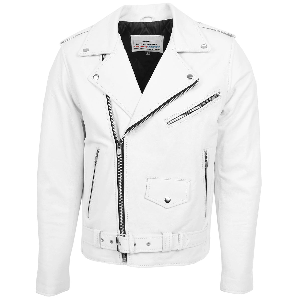 Mens Heavy Duty Leather Biker Brando Jacket Pearl white