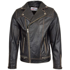 Mens Leather Biker Brando Design Jacket Sean Vintage Onyx black