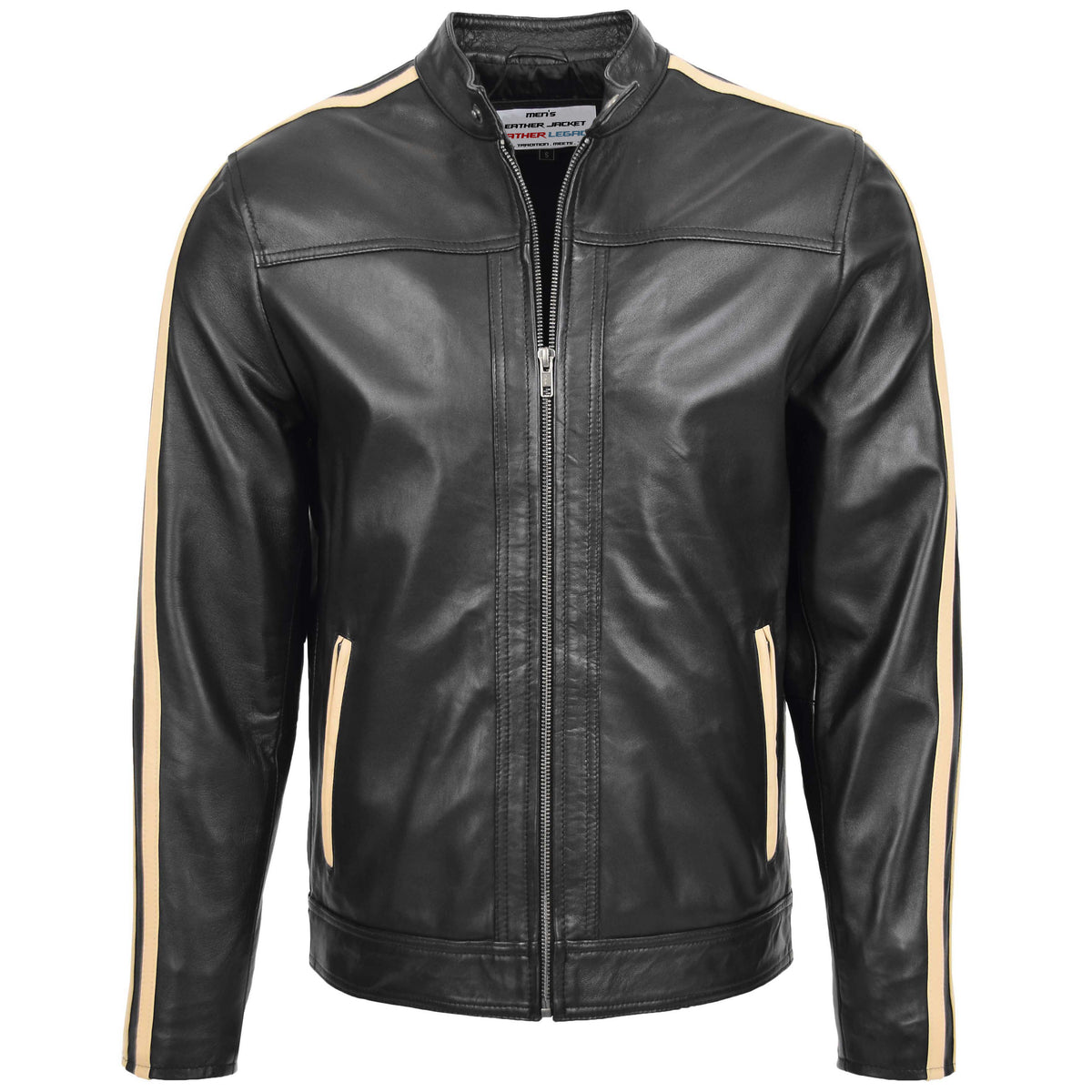 Mens Leather Biker Jacket with Racing Stripes Clyde Onyx black