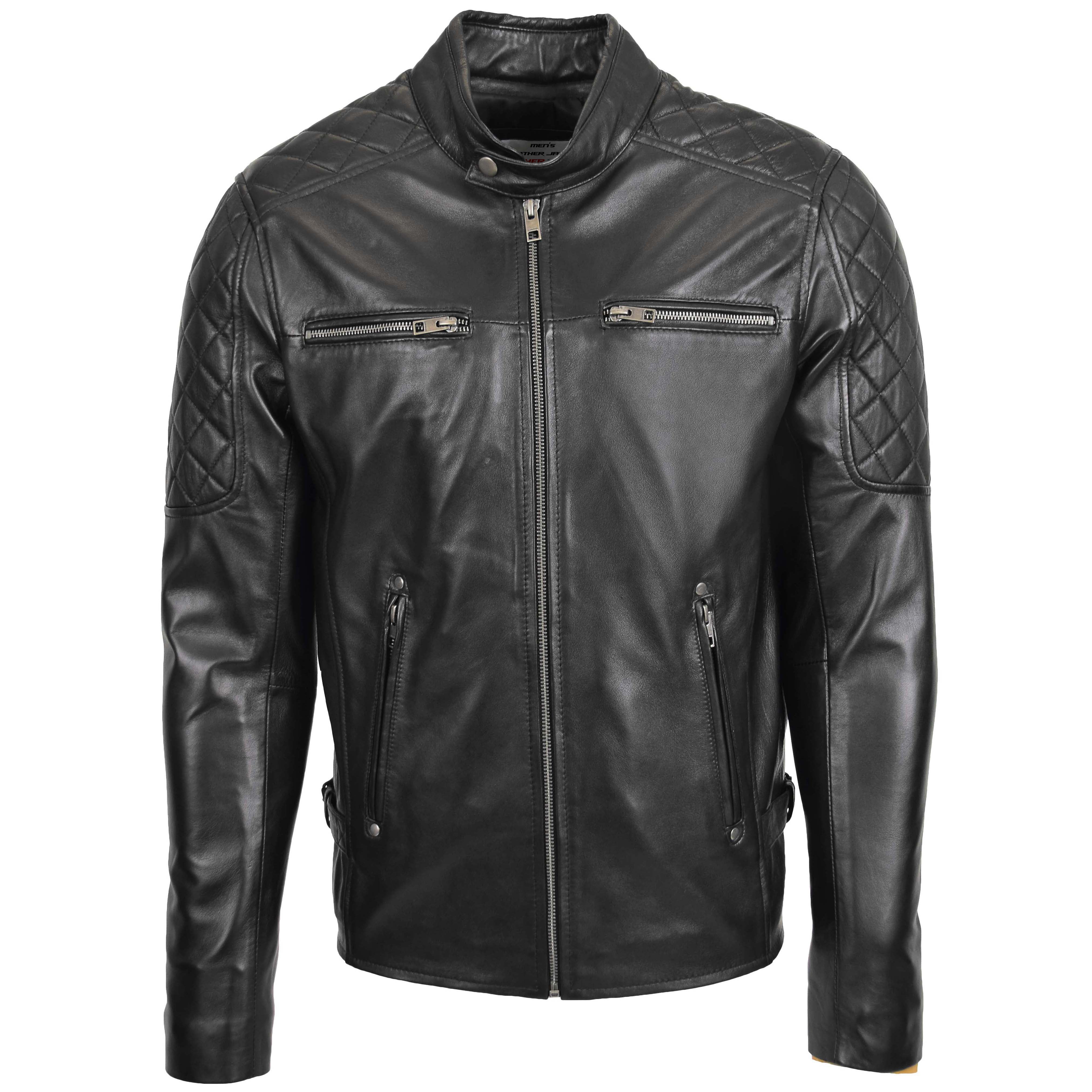 Mens Leather Biker Style Jacket with Quilt Detail Onyx black