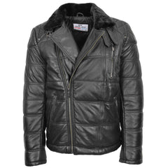 Mens Leather Biker Style Puffer Jacket Ronnie Onyx black