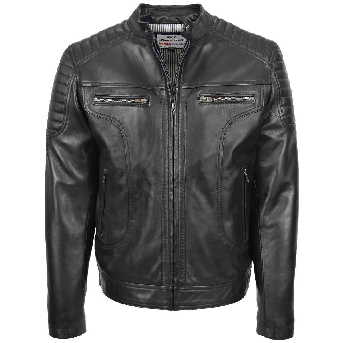 Mens Leather Biker Style Zip Jacket Eddie Essence Onyx black