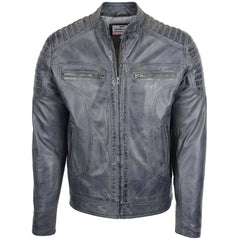 Mens Leather Biker Style Zip Jacket Eddie Essence Silver grey Two Tone