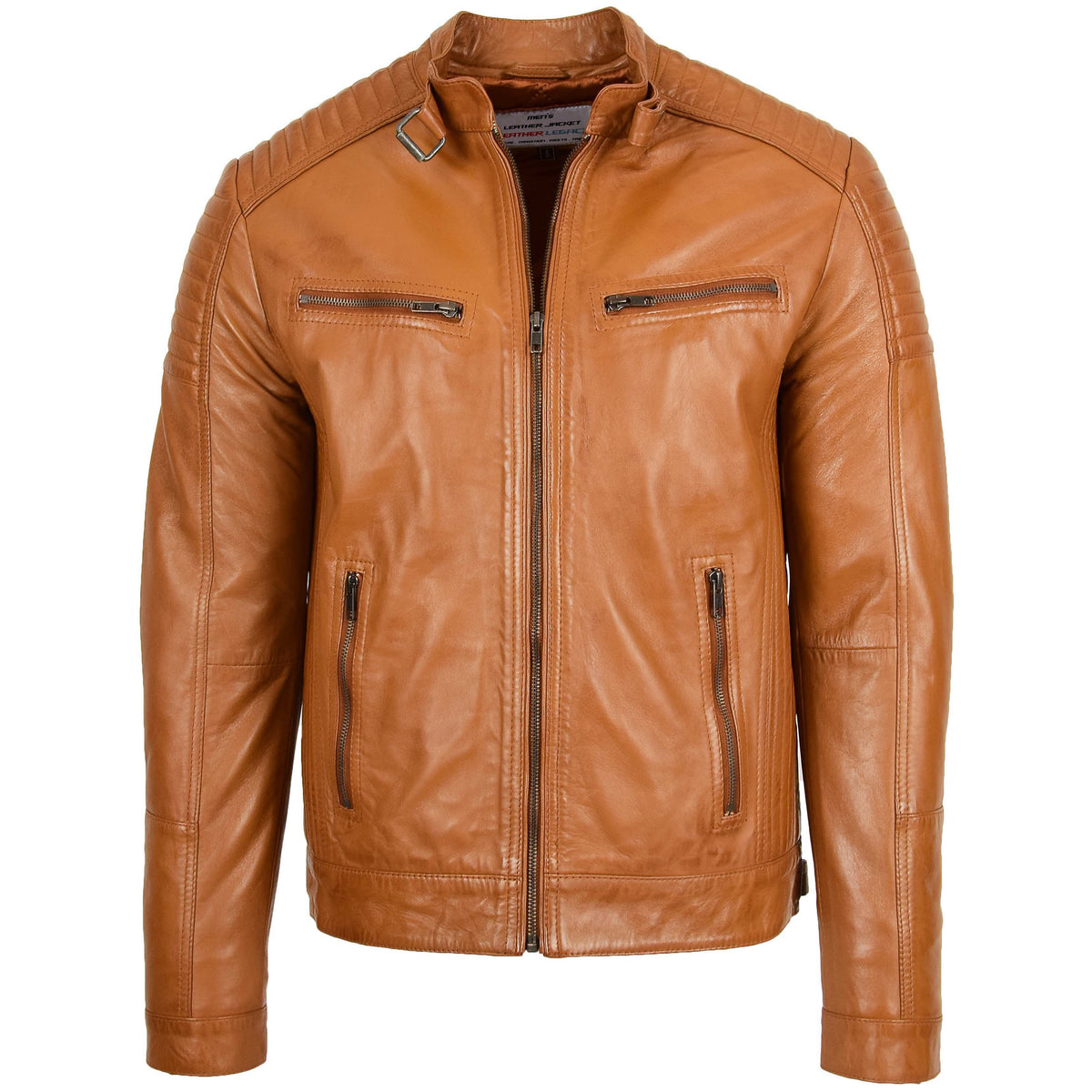 Mens Leather Cafe Racer Biker Jacket Crimson Tan