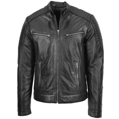 Mens Leather Cafe Racer Biker Jacket Ron Onyx black