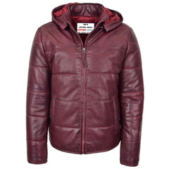 Mens Leather Hooded Puffer Jacket Ivory Burgundy