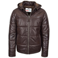 Mens Leather Hooded Puffer Jacket Topaz brown