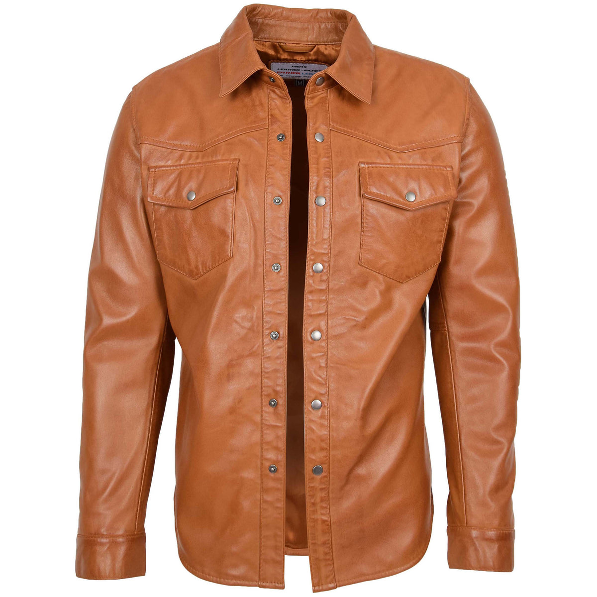 Mens Leather Shirt Classic Trucker Style Oliver Crimson Tan