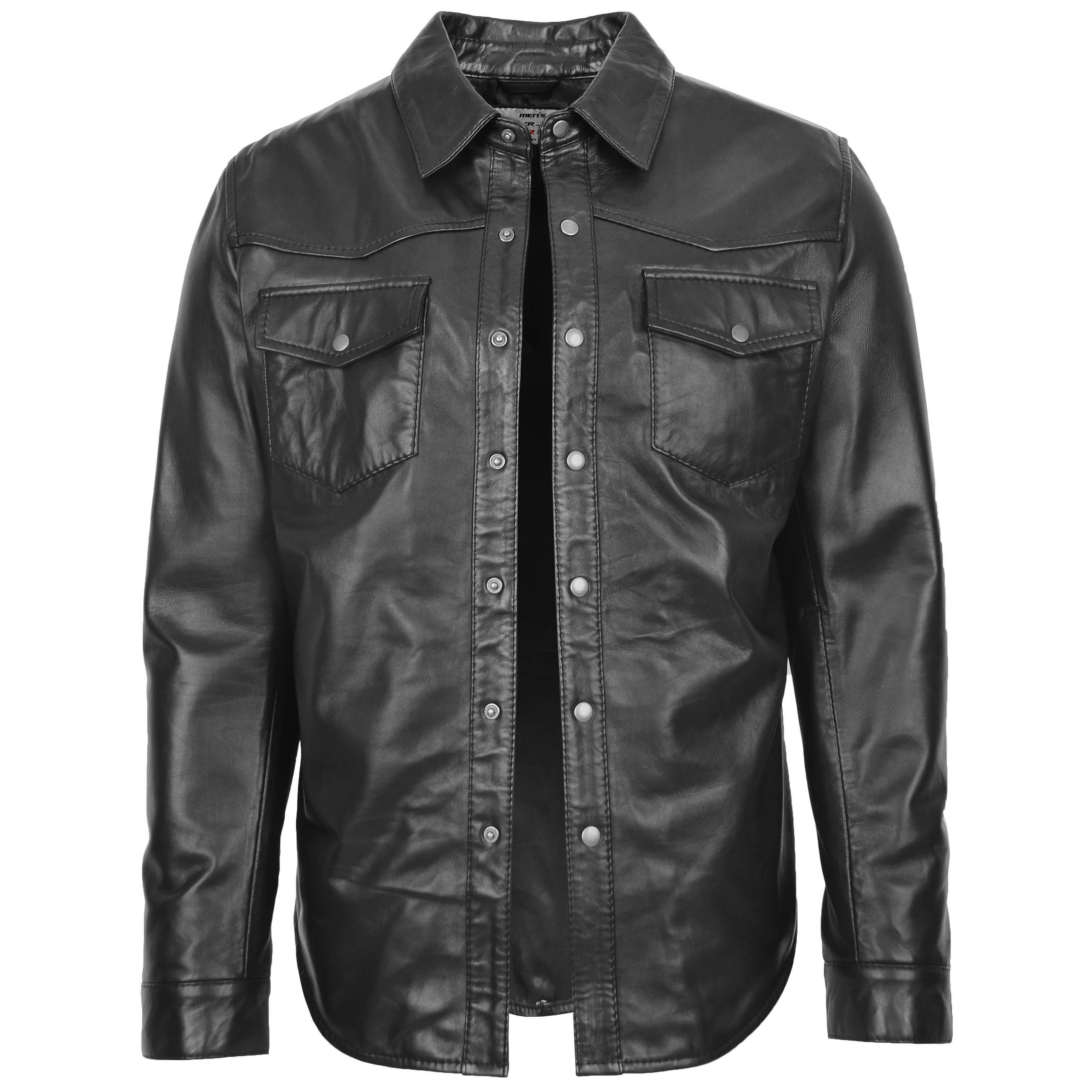 Mens Leather Shirt Classic Trucker Style Oliver Onyx Black