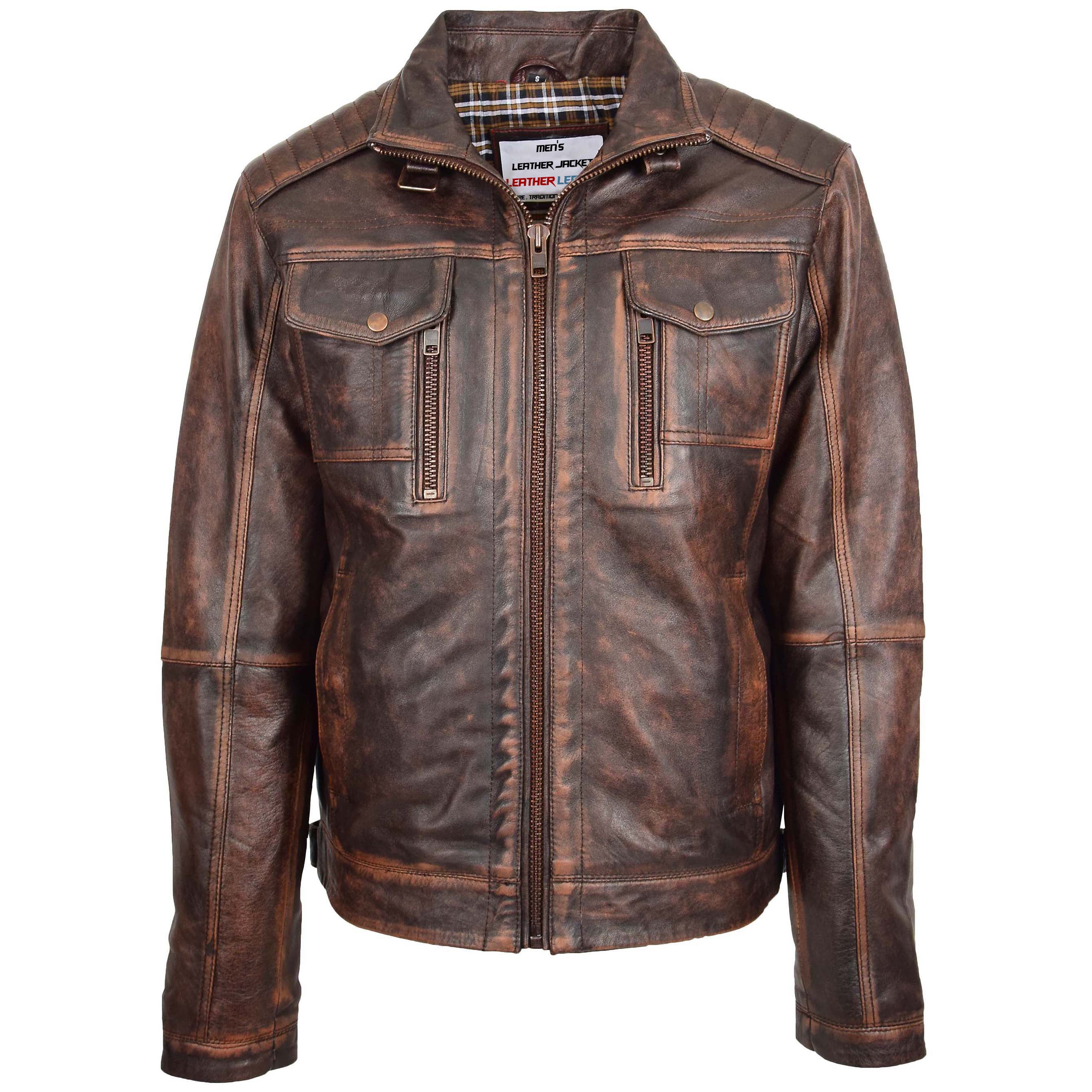 Mens Leather Urban Biker Style Jacket Hugo Topaz Brown Vintage