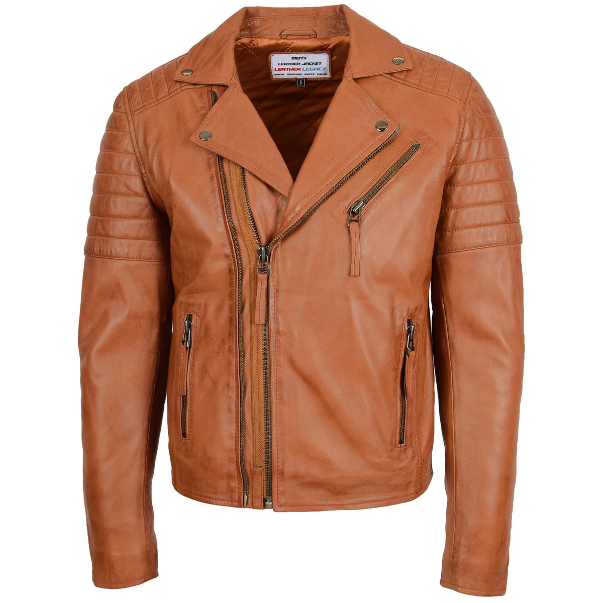 Mens Biker Leather Jacket Dual Zip Hook Crimson Tan