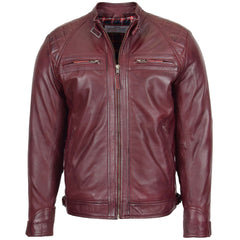 Mens Biker Leather Jacket Standing Collar Ivory Burgundy