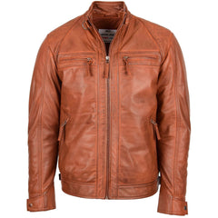 Mens Biker Leather Jacket Standing Collar Bowie Crimson Tan