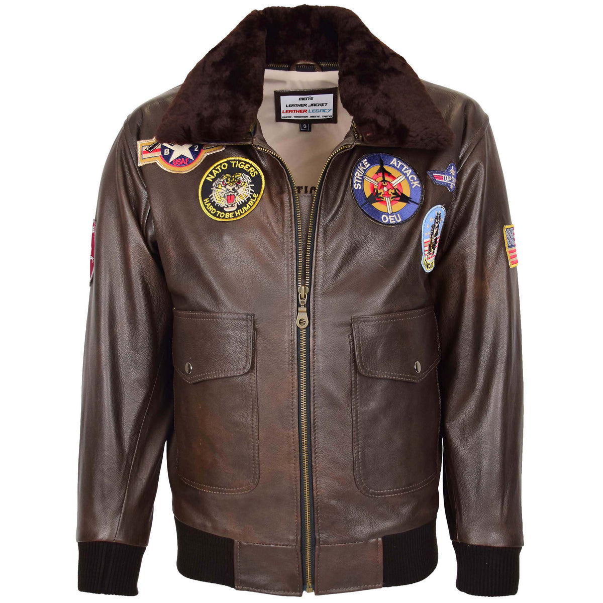 Mens Bomber Leather Jacket Air Force Style Lester Topaz Brown