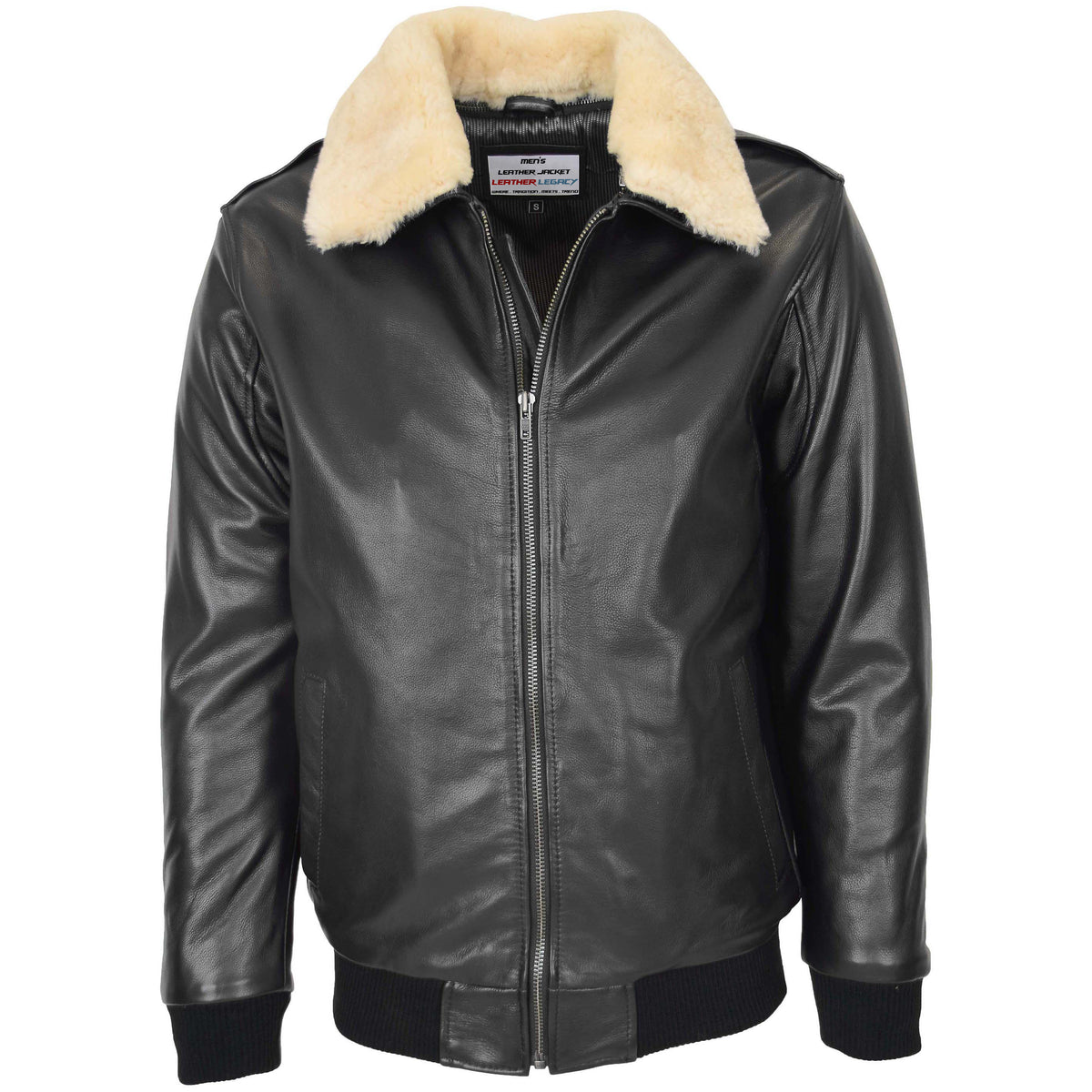 Mens Bomber Leather Jacket with Sheepskin Collar Viggo Onyx Black