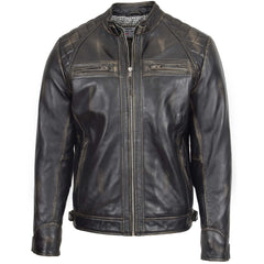 Mens Biker Leather Jacket Standing Collar Jade Rubb Off