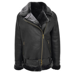 Womens Sheepskin Aviator Cross Zip Pilot Jacket Onyx Black