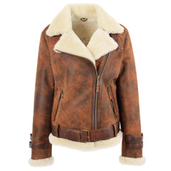 Womens Sheepskin Aviator Cross Zip Pilot Jacket Topaz Vintage Brown