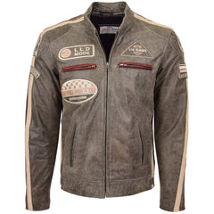 Mens Biker Leather Jacket with Badges Topaz brown