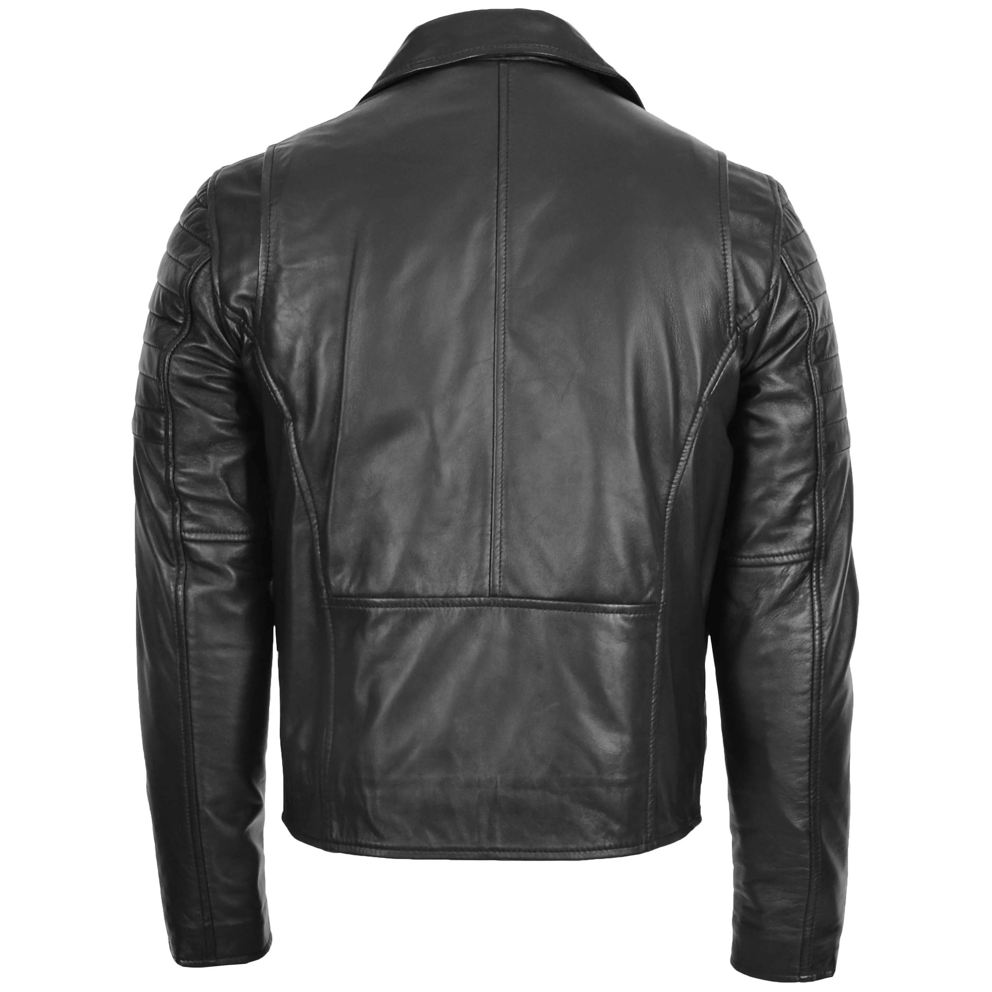 Mens Biker Leather Jacket Dual Zip Hook Onyx Black