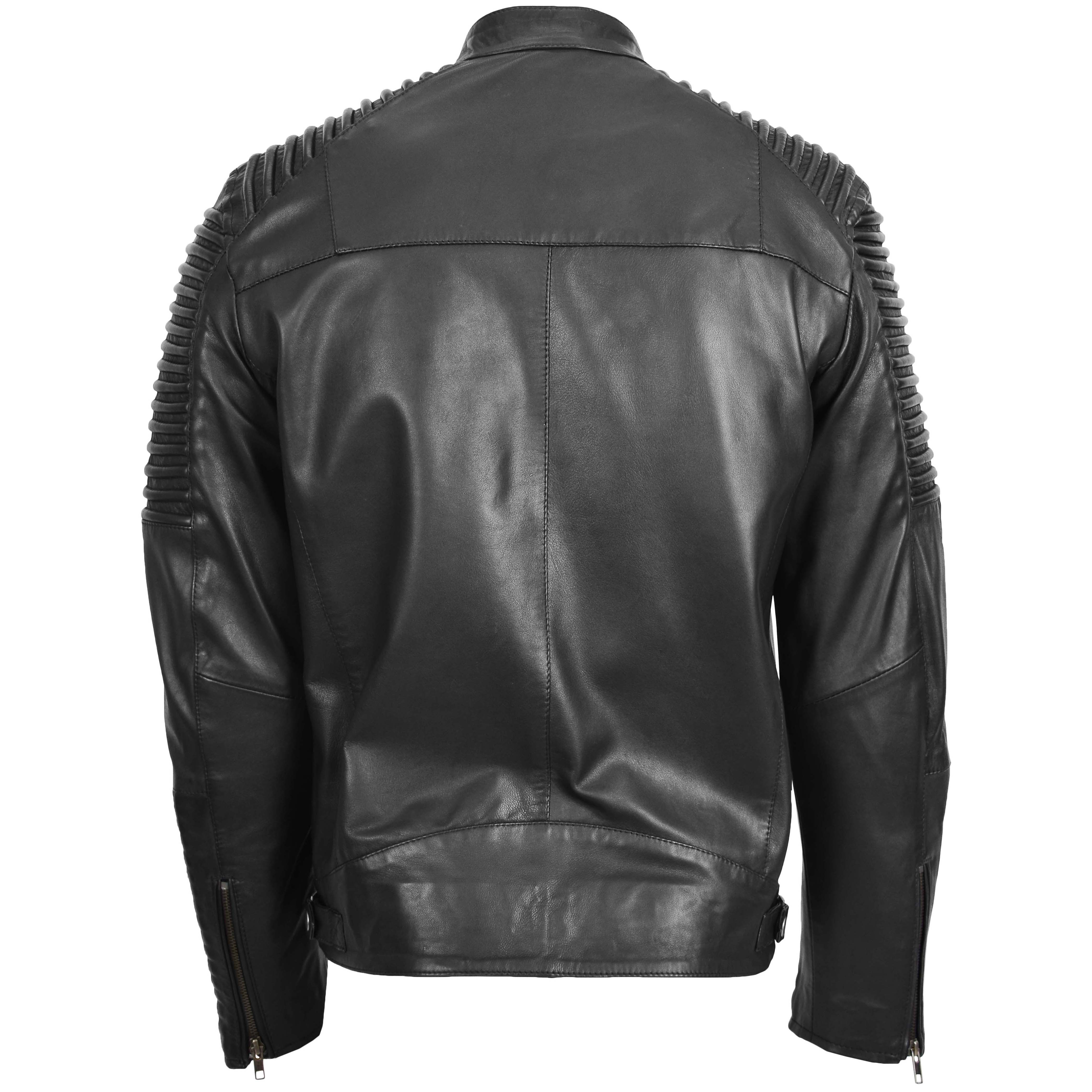 Mens Casual Soft Leather Biker Jacket Onyx black