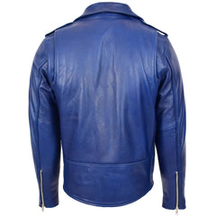 Mens Heavy Duty Leather Biker Brando Jacket Sapphire Blue