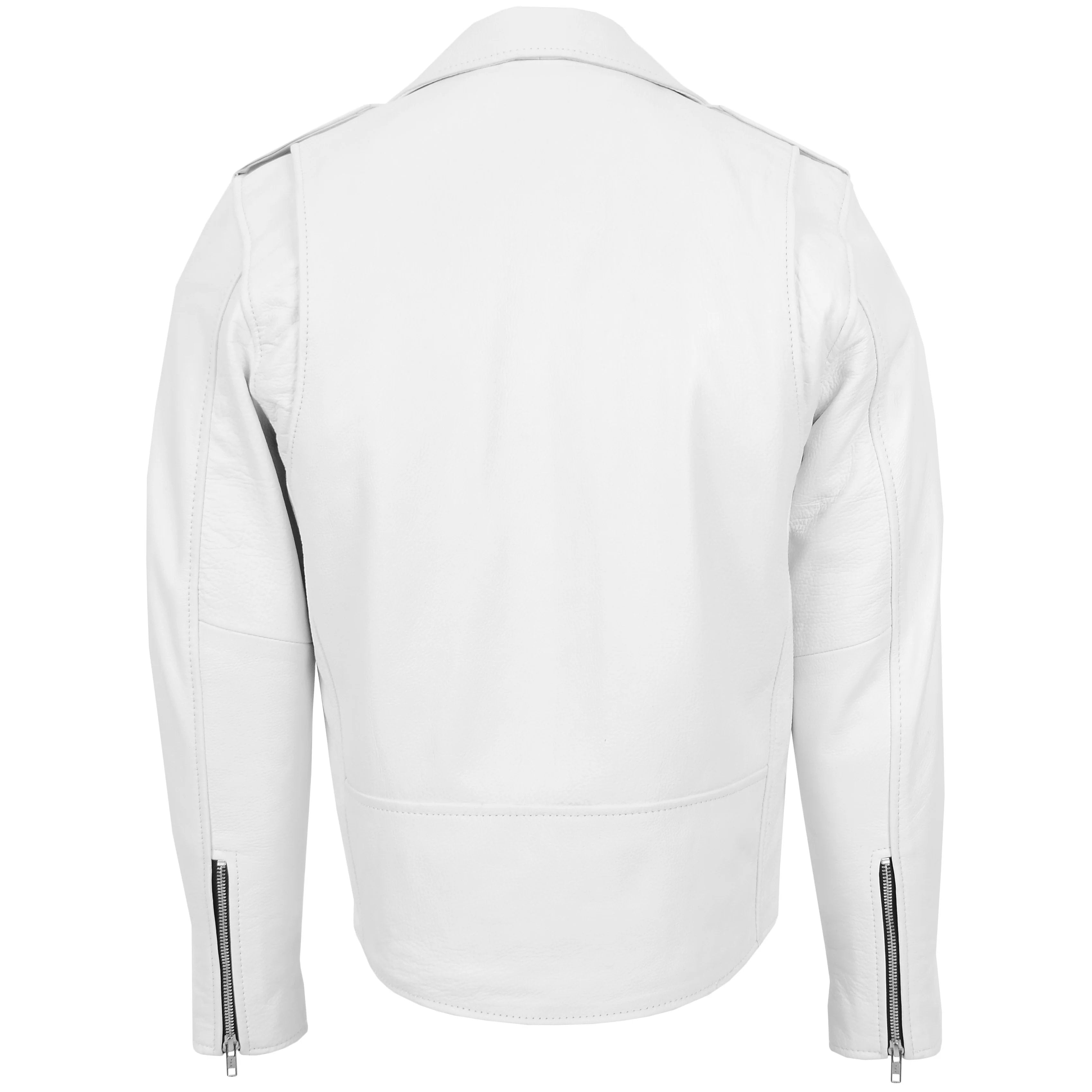 Mens Heavy Duty Leather Biker Brando Jacket Pearl white