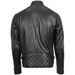 Mens Leather Biker Style Jacket with Quilt Detail Onyx black