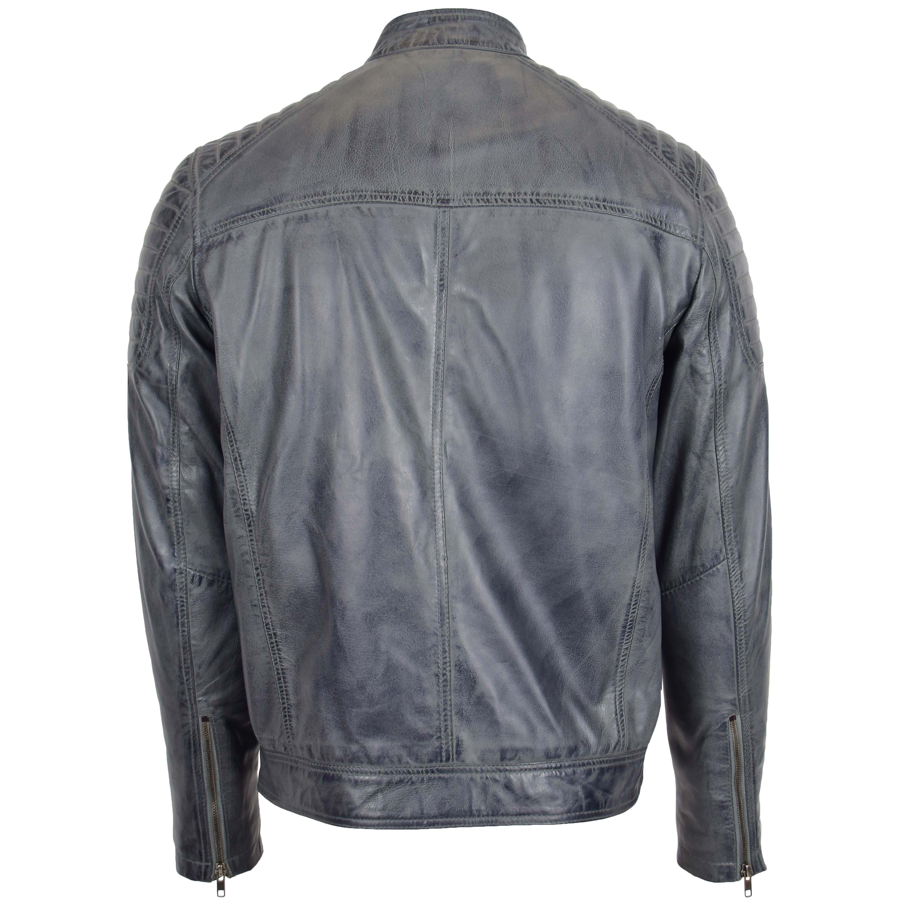 Mens Leather Biker Style Zip Jacket Eddie Essence Silver grey Two Tone