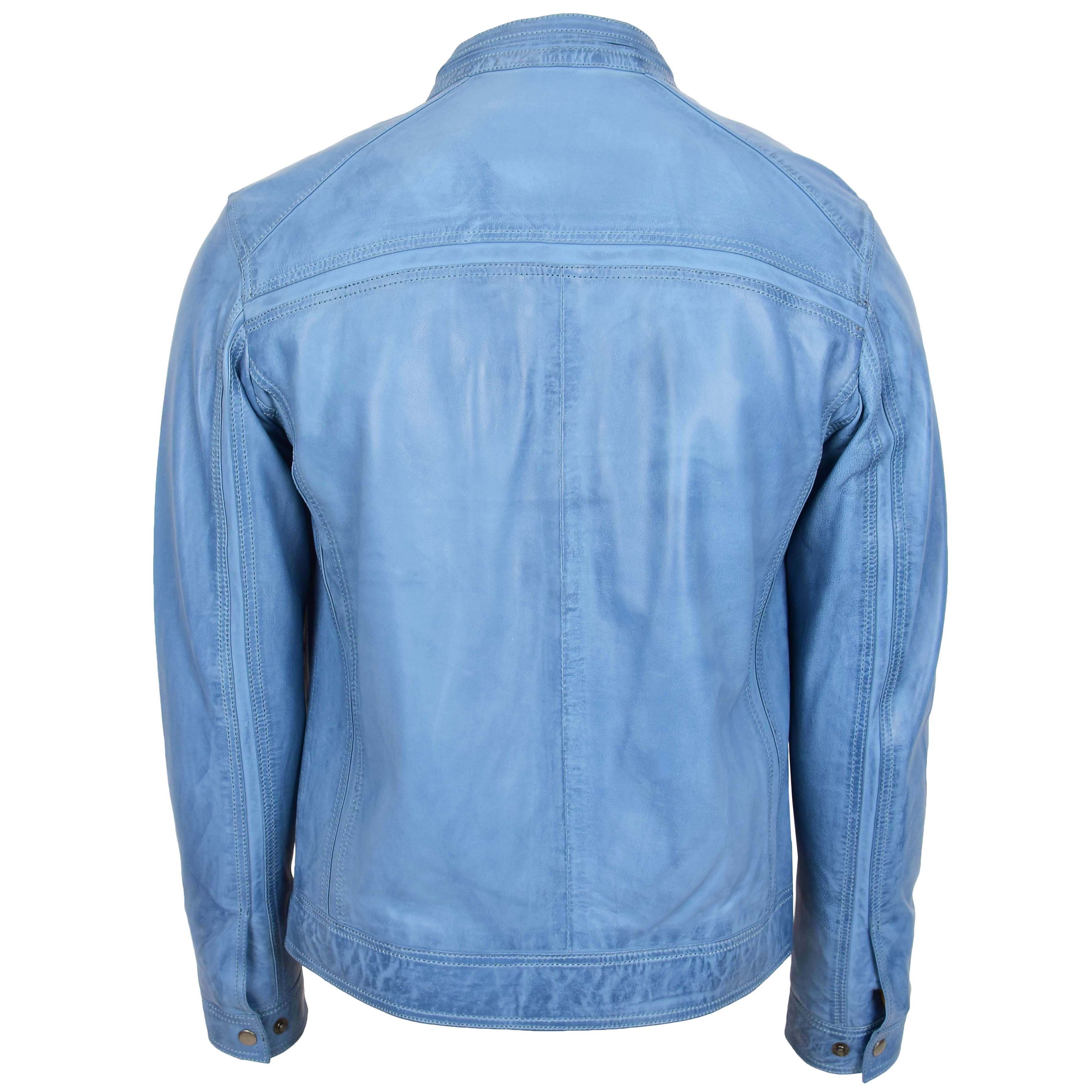 Mens Leather Cafe Racer Biker Jacket Charlie Sapphire Sky Blue