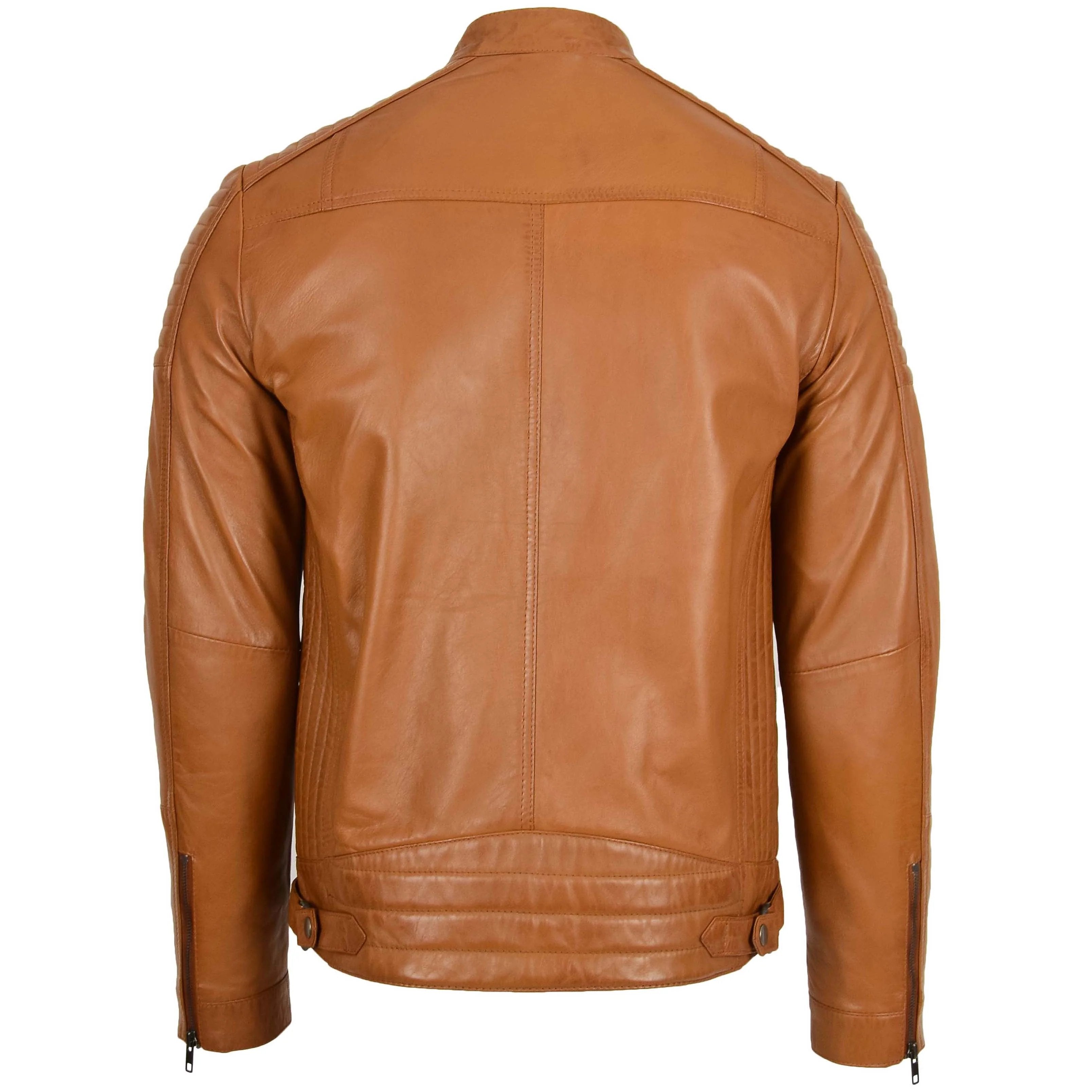 Mens Leather Cafe Racer Biker Jacket Crimson Tan