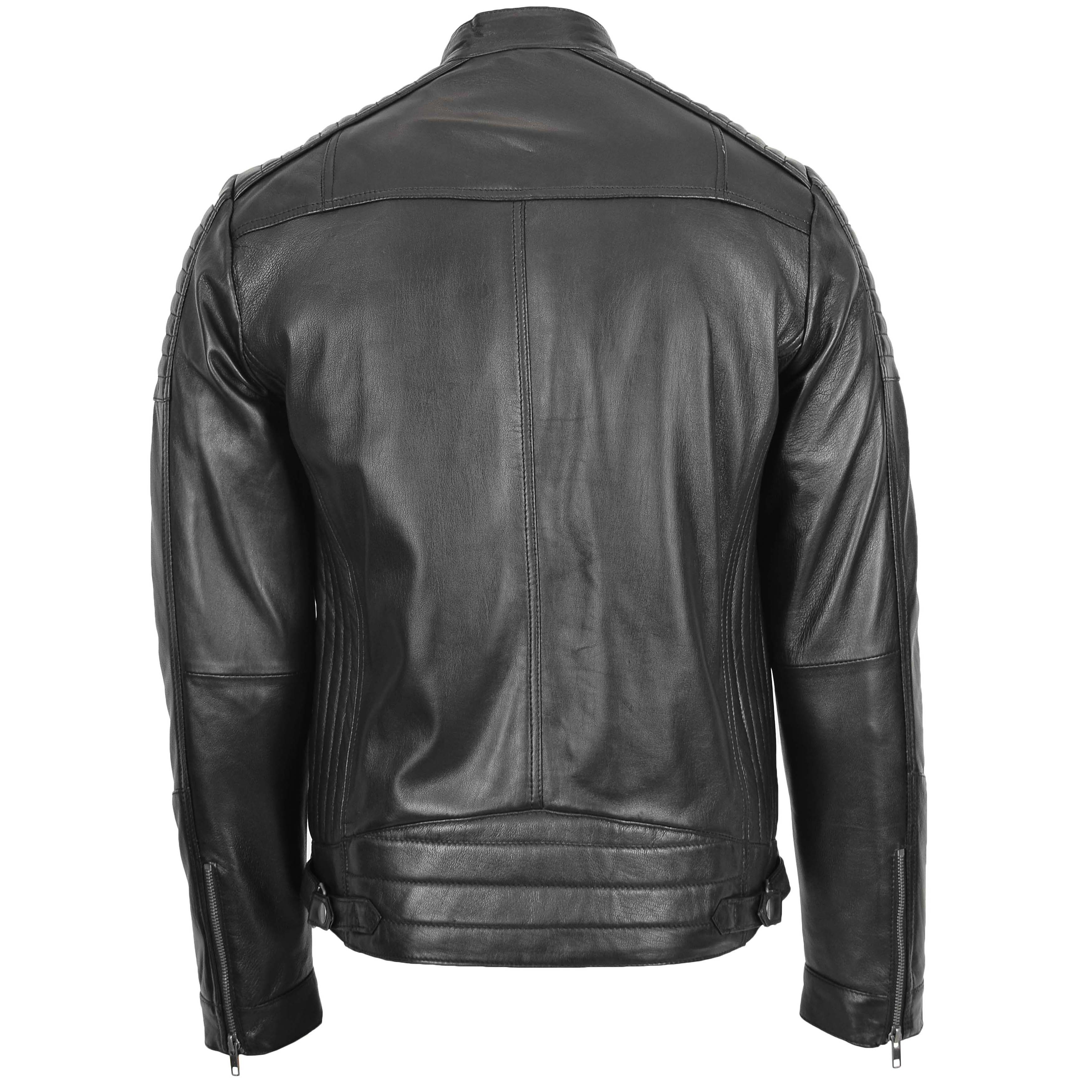 Mens Leather Cafe Racer Biker Jacket Ron Onyx black