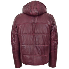 Mens Leather Hooded Puffer Jacket Ivory Burgundy