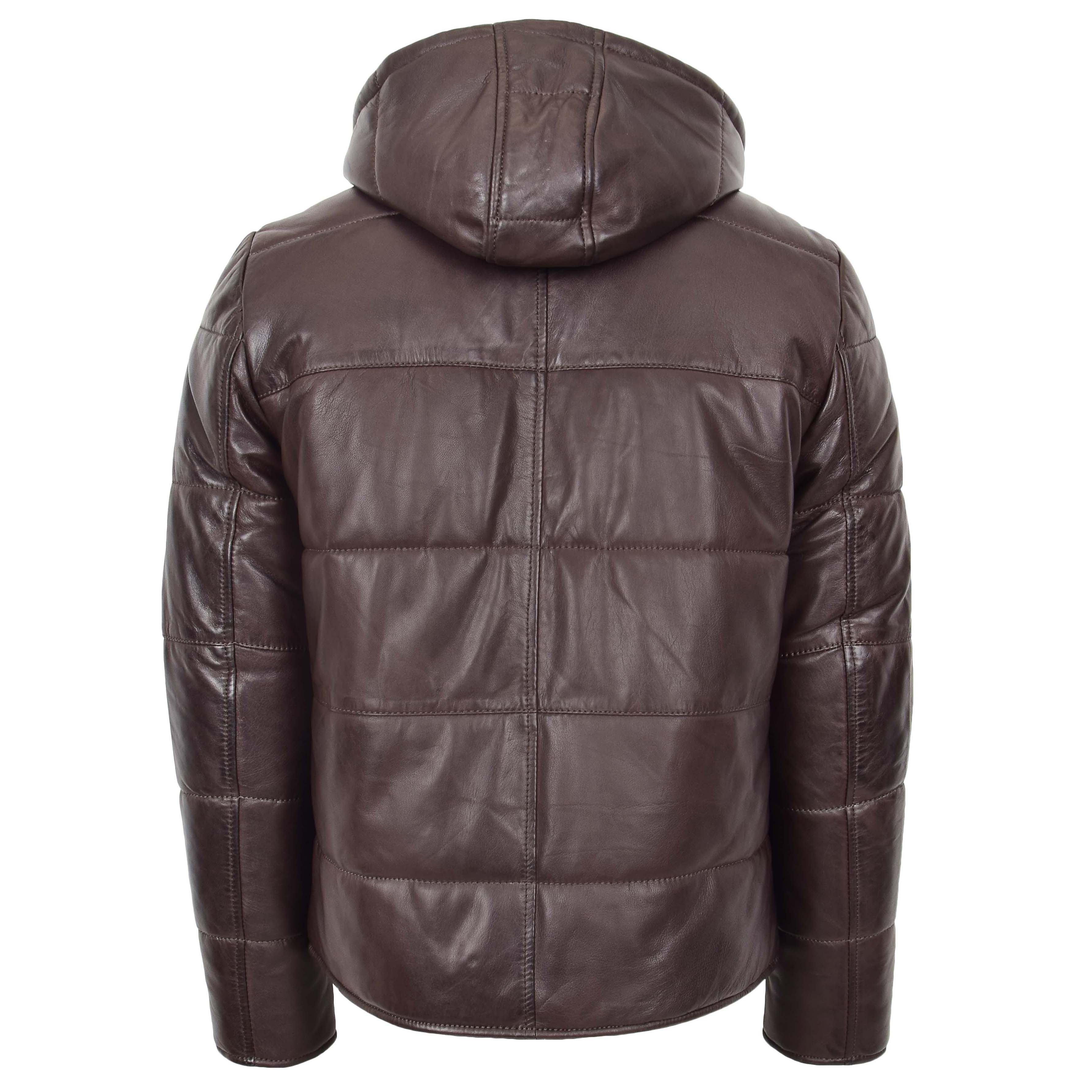 Mens Leather Hooded Puffer Jacket Topaz brown