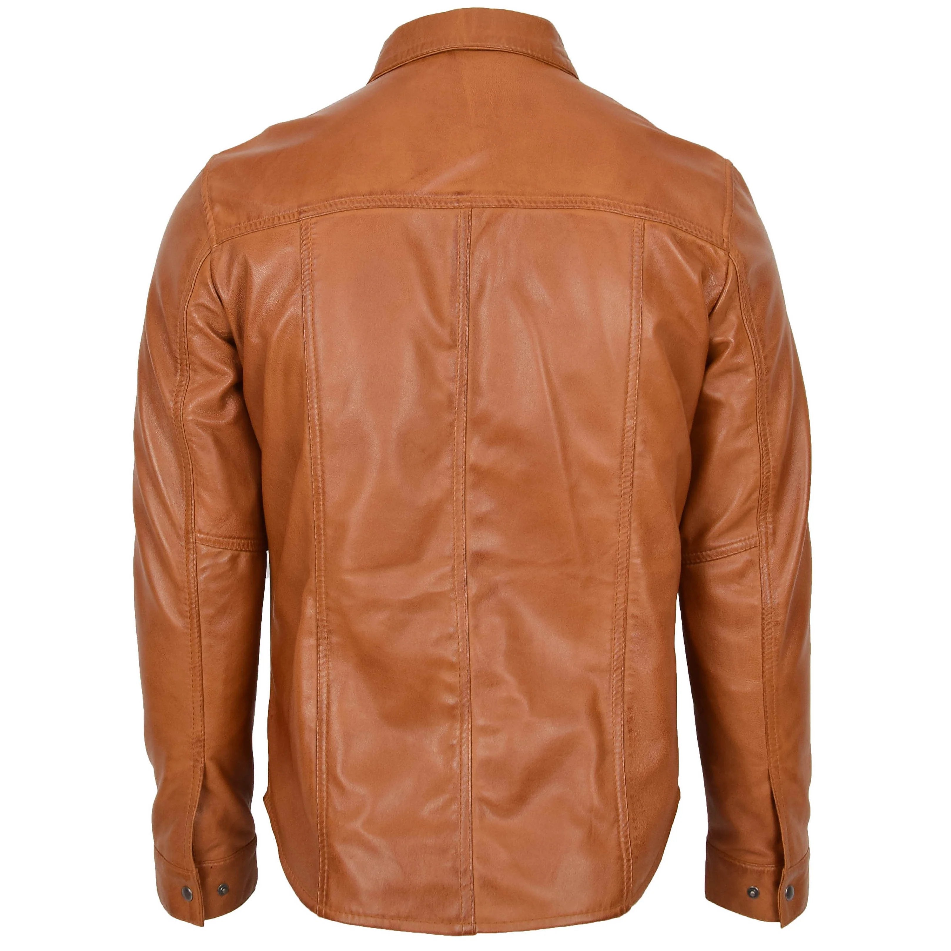 Mens Leather Shirt Classic Trucker Style Oliver Crimson Tan