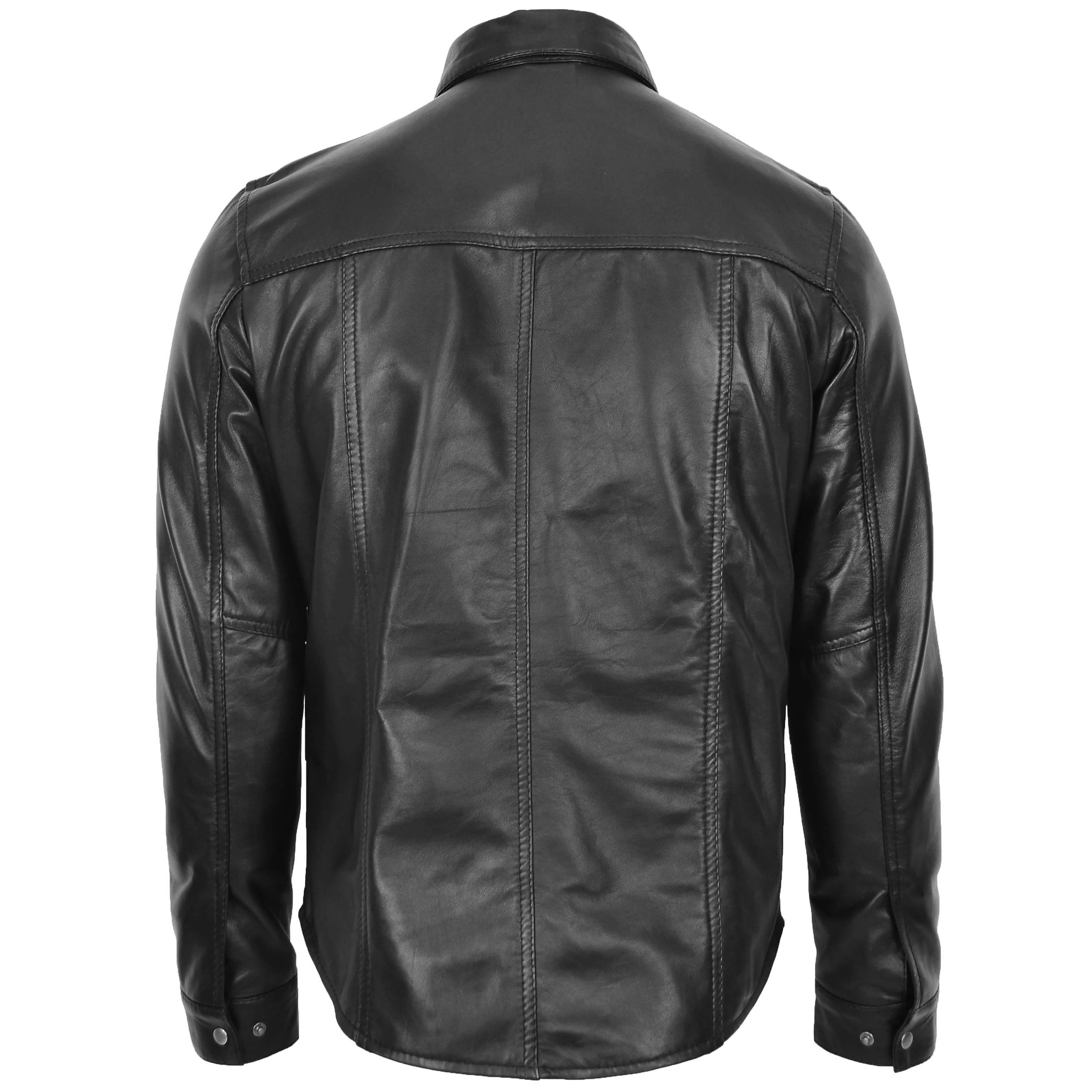 Mens Leather Shirt Classic Trucker Style Oliver Onyx Black