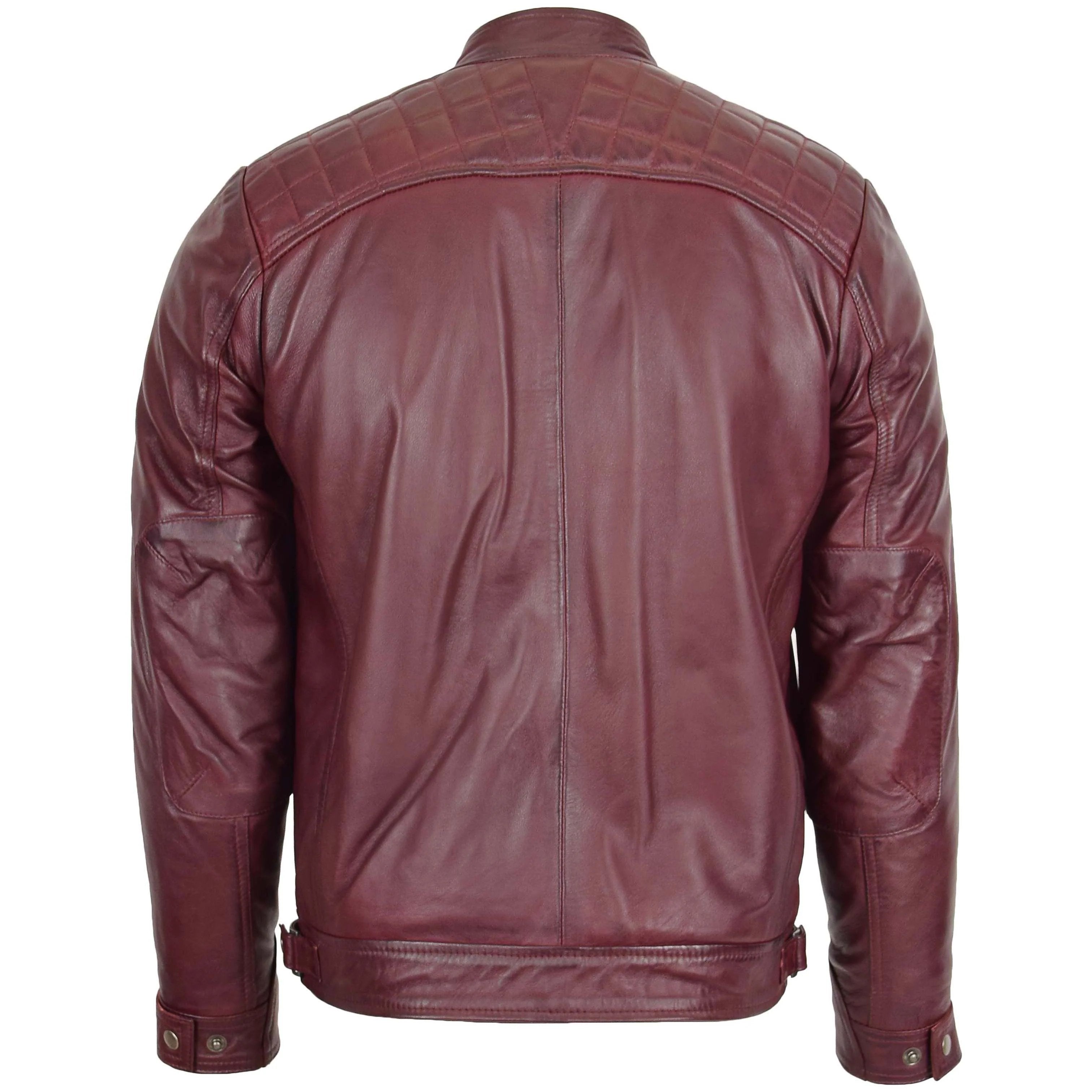 Mens Biker Leather Jacket Standing Collar Ivory Burgundy