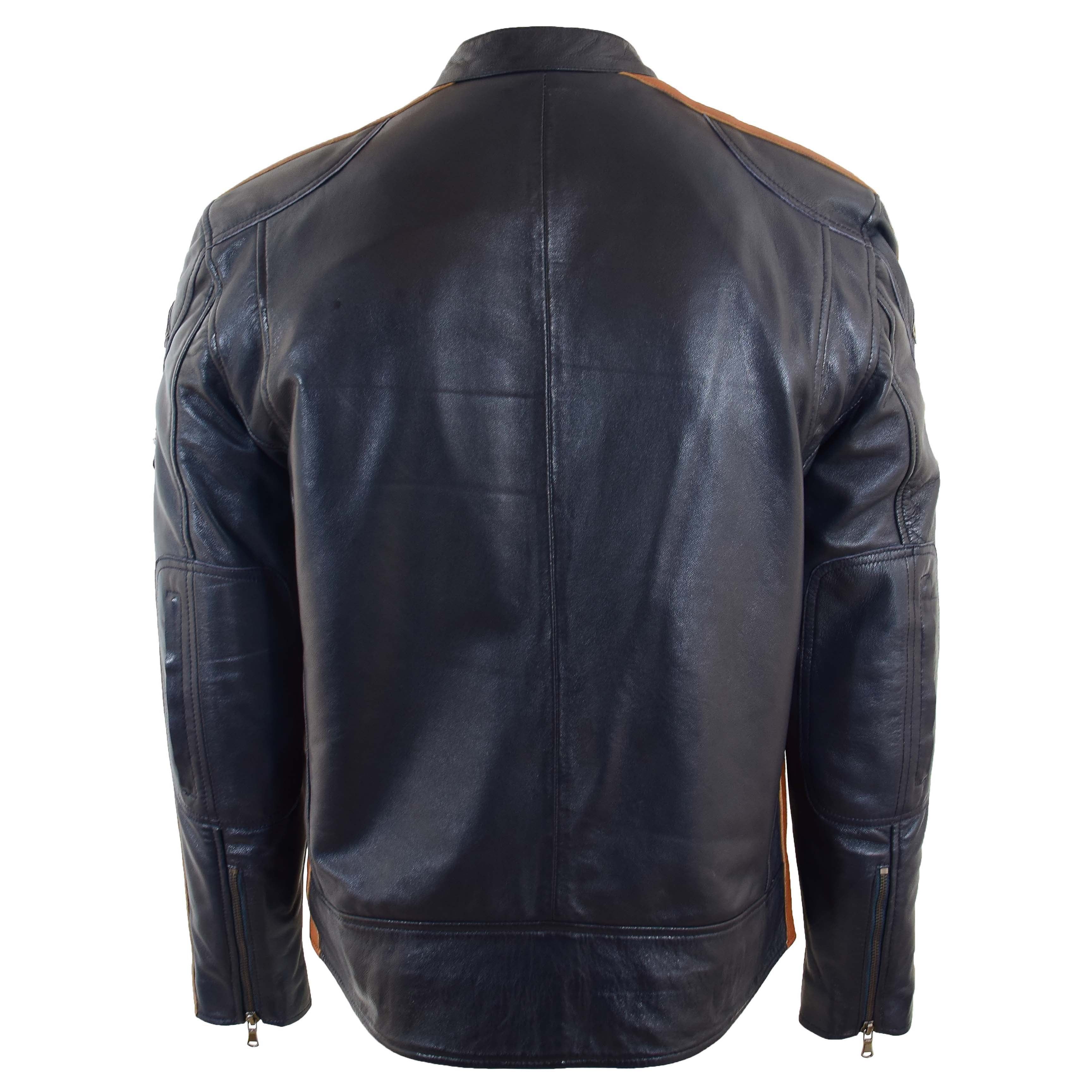 Mens Real Leather Biker Jacket Cafe Racer Style Badges TRON Luna Navy