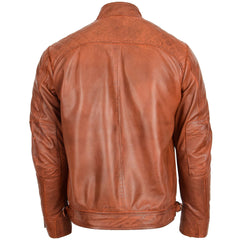 Mens Biker Leather Jacket Standing Collar Bowie Crimson Tan