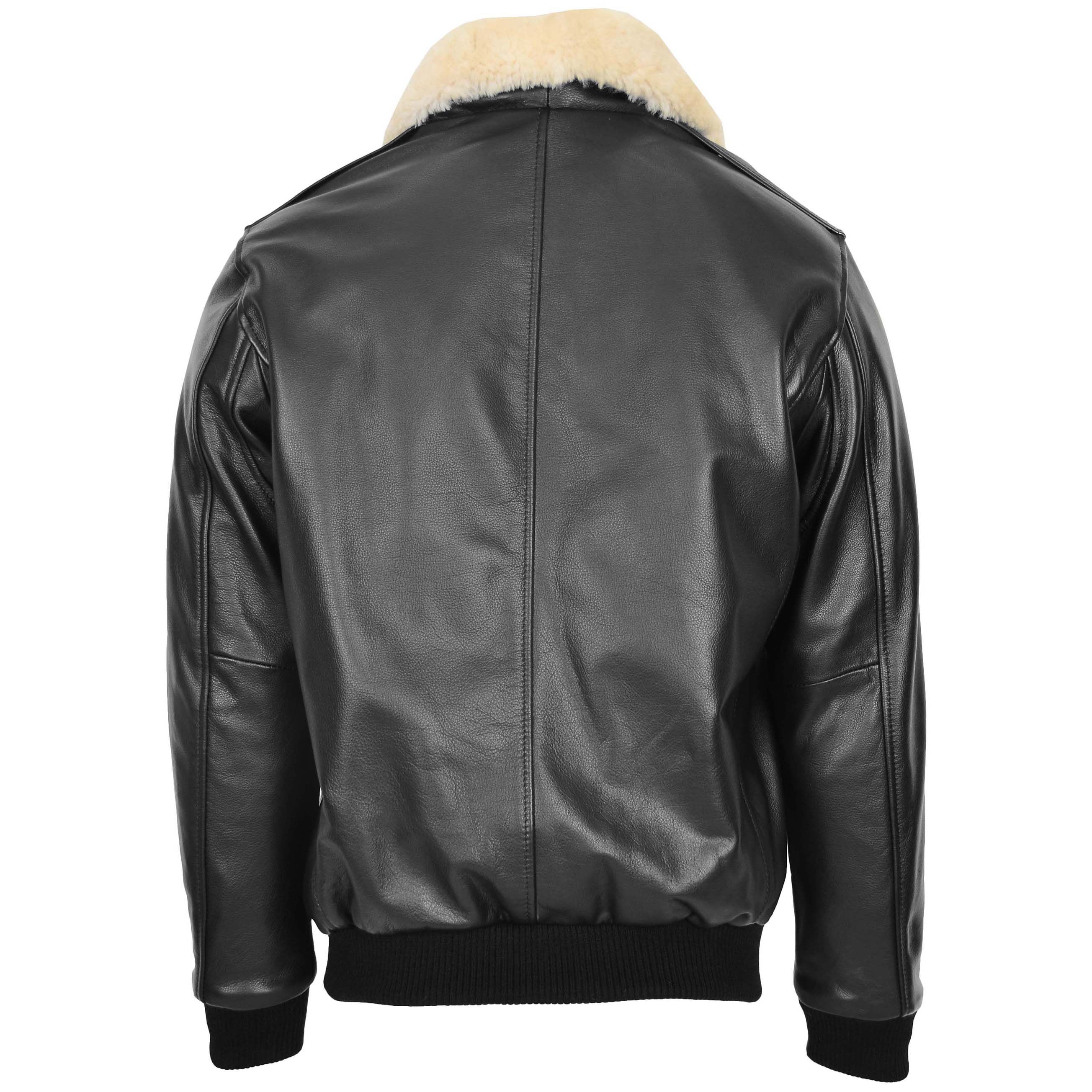 Mens Bomber Leather Jacket with Sheepskin Collar Viggo Onyx Black