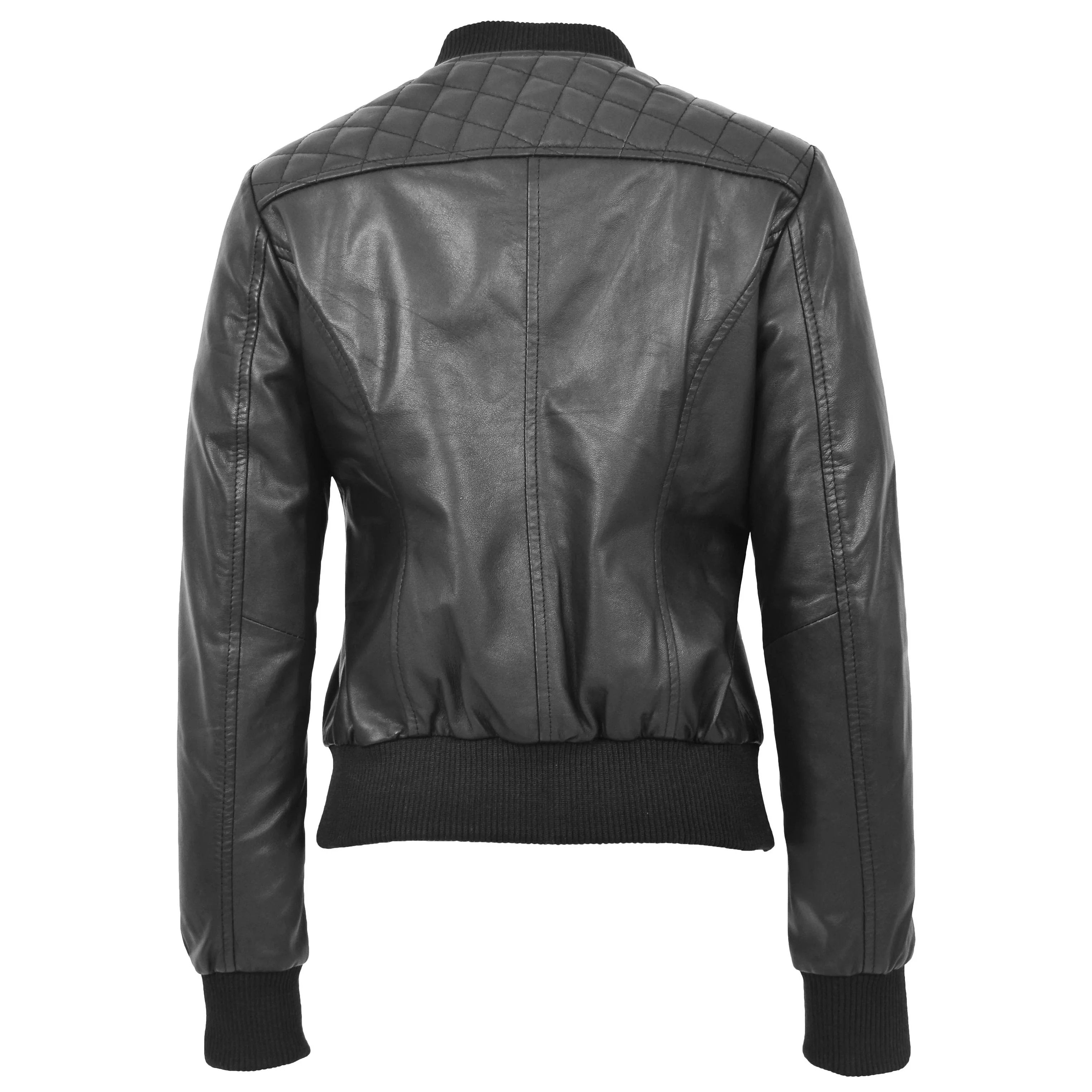 Womens Real Leather Varsity Bomber Jacket Onyx Black