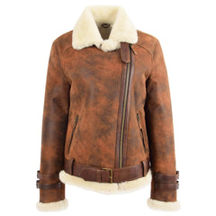 Womens Sheepskin Aviator Cross Zip Pilot Jacket Topaz Vintage Brown