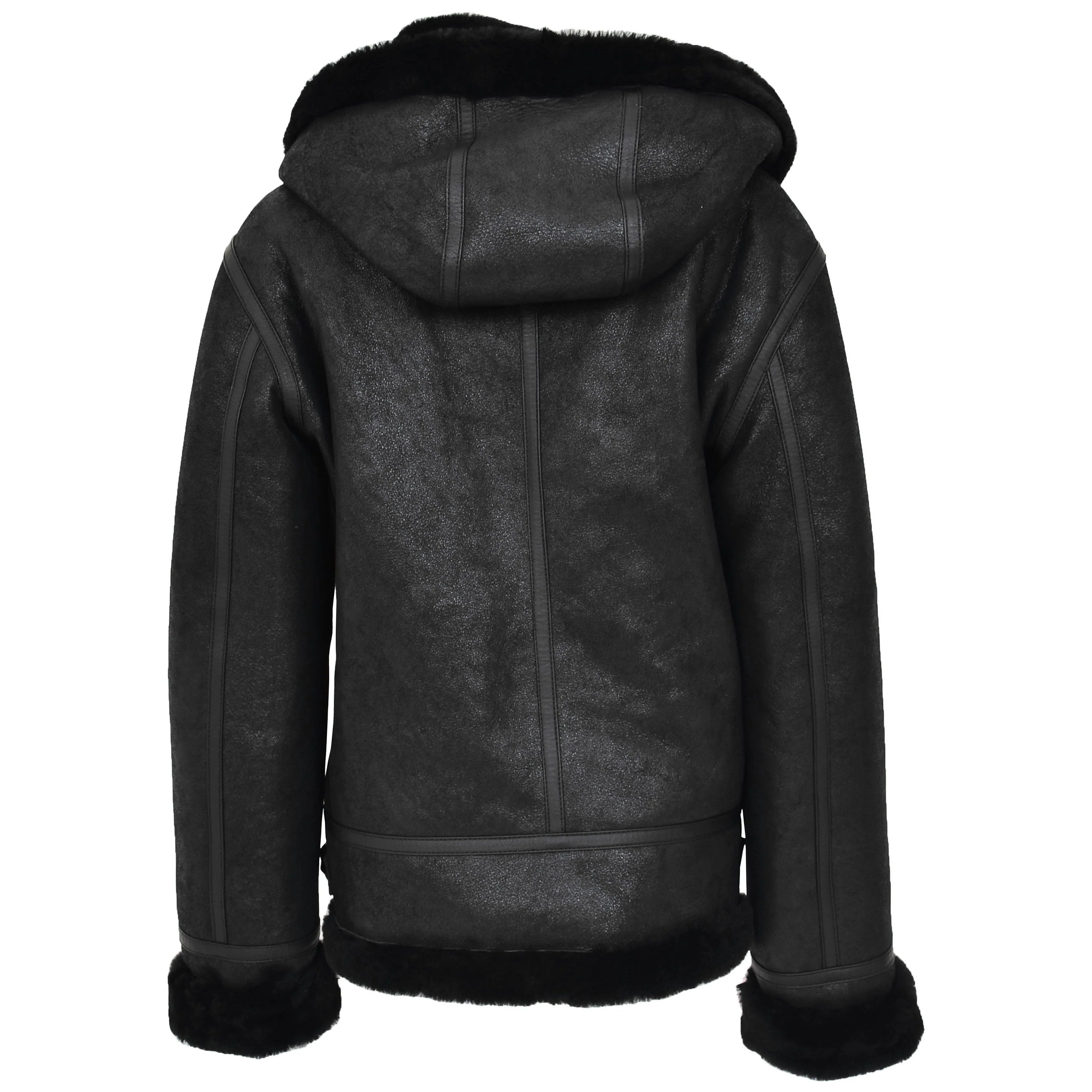 Womens Sheepskin B3 Detachable Hoodie Jacket Onyx Black