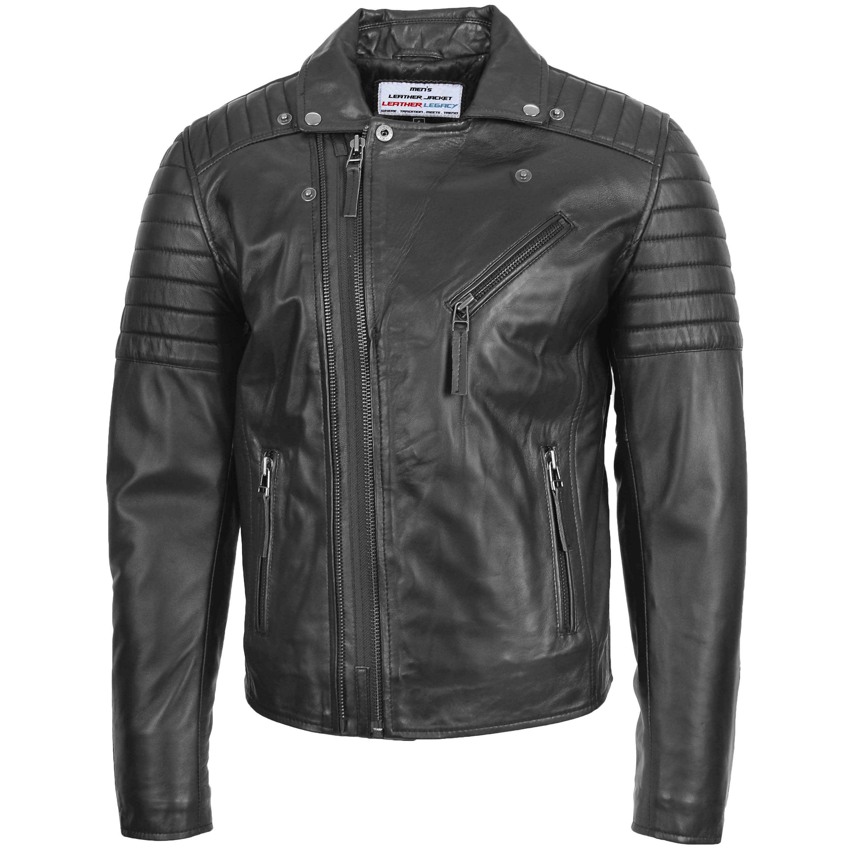 Mens Biker Leather Jacket Dual Zip Hook Onyx Black